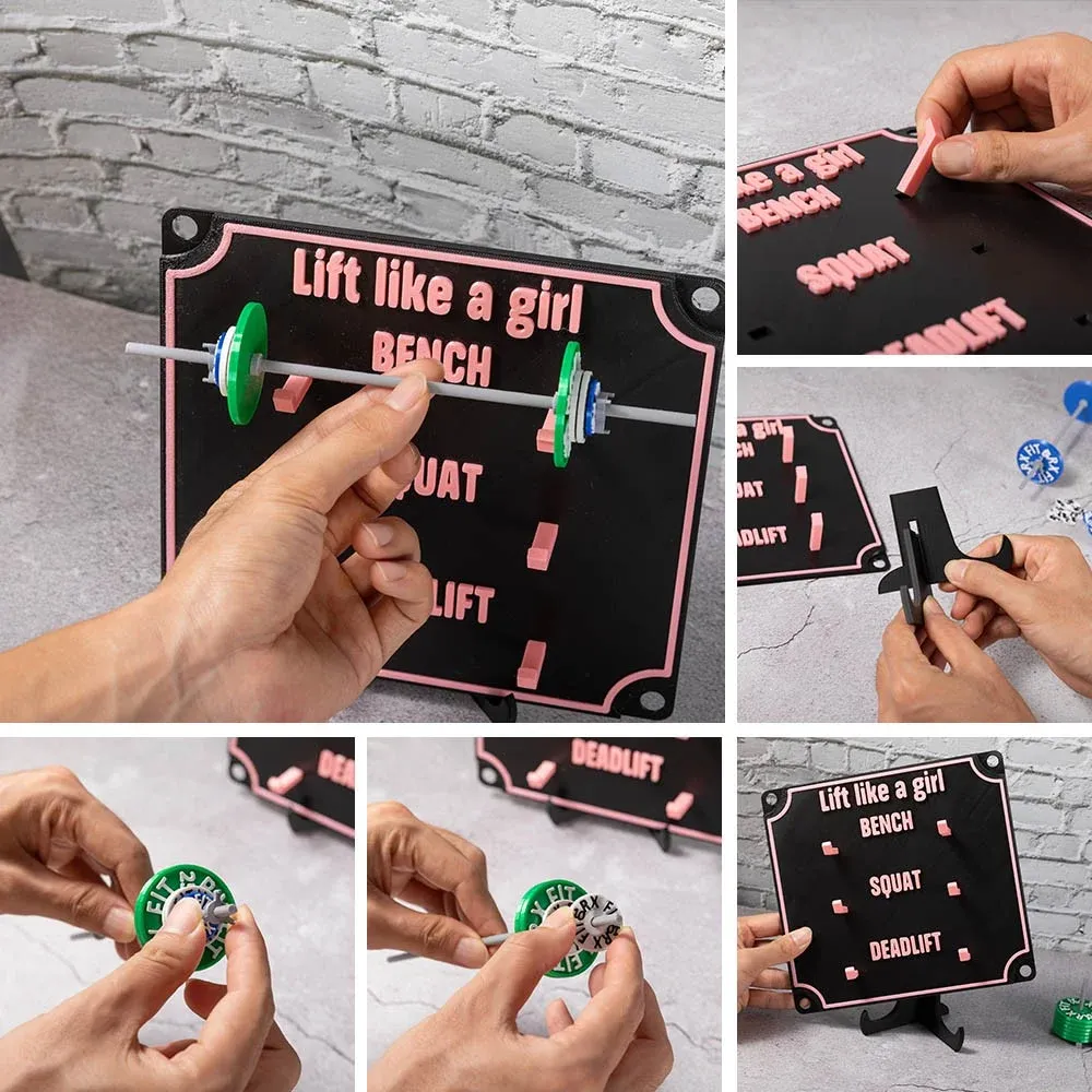 Custom Weightlifting Personal Tracking Board, 3D Printed Fitness Recording Board with Minibarbells for Home Gym Workout, Gift for Sports Lover - soufeelau