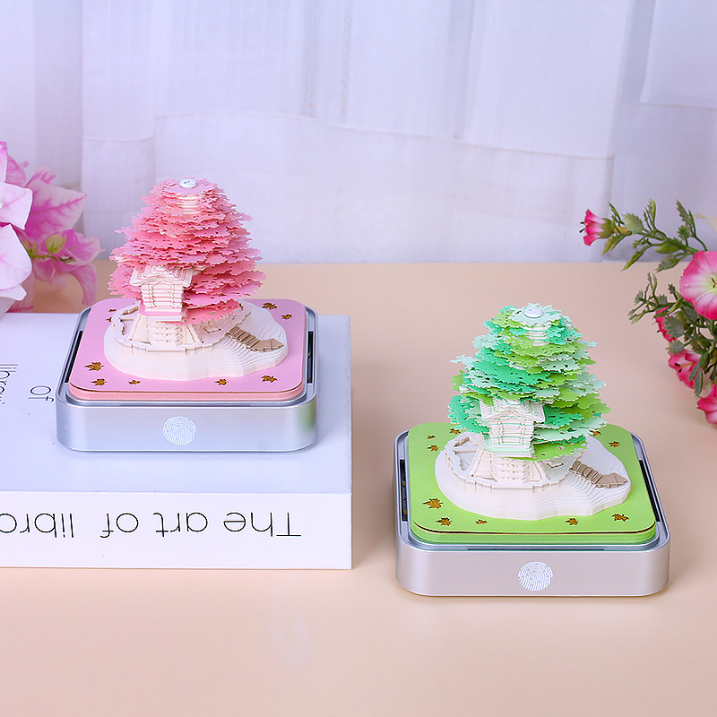 3D Calendar 2027 Memo Pad Romantic Pink Treehouse Paper Sculpture Creative Desk Decor Led Light Up DIY Art Craft Gift for Her - soufeelau