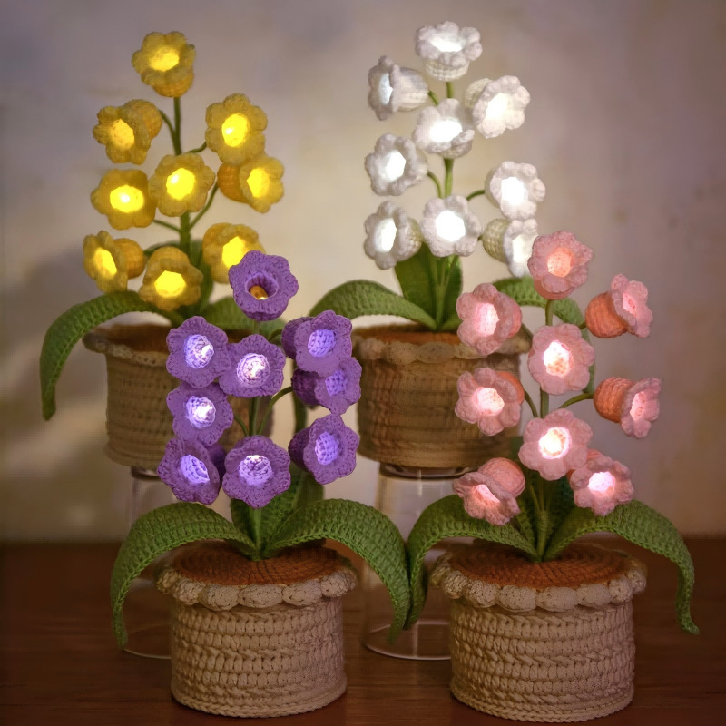 LED Light Crocheted Lily of the Valley - Glowing Potted Knit Flower Home Ambiance Decor - soufeelau