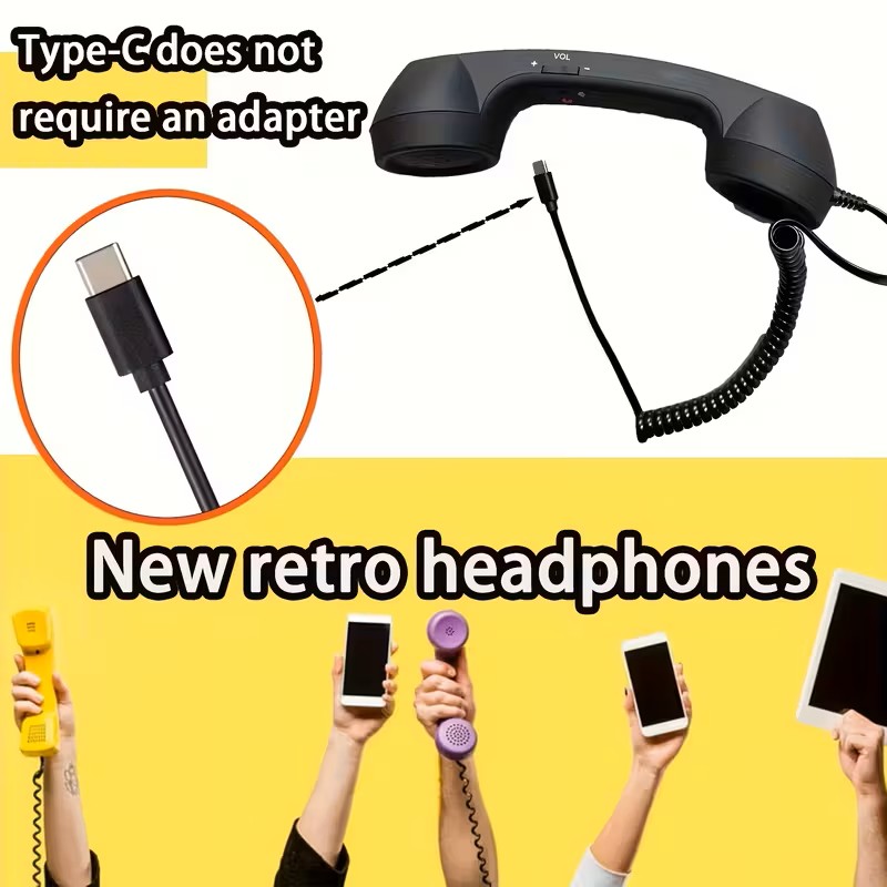 Retro Phone Handset Vintage Wired Telephone Receiver for Smartphones, Type-C Plug & Play Call Accessory - soufeelau
