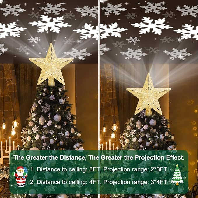 Christmas Tree Topper Star Lighted With 6 Projection Modes Christmas Star Tree Topper With Led Rotating Lights Gold Tree Topper 3d Glitter Dynamic Projection For Xmas Party Holiday Decorations - soufeelau