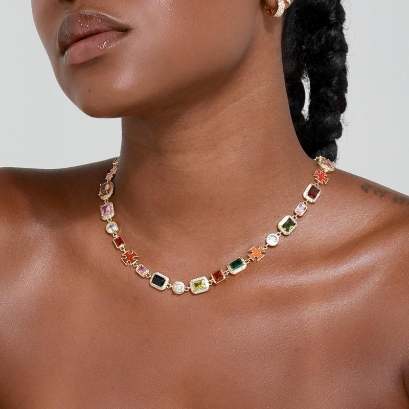 Diamond Necklace Geometric Bracelet Adjustable Colored Gemstone Bracelet Summer Dopamine Jewelry Necklace - soufeelau