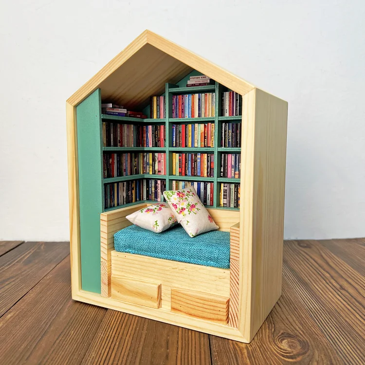 Handcrafted Mini Room Box Detailed Wooden Scene With 260+ Mini Books and 2 Cushions - soufeelau