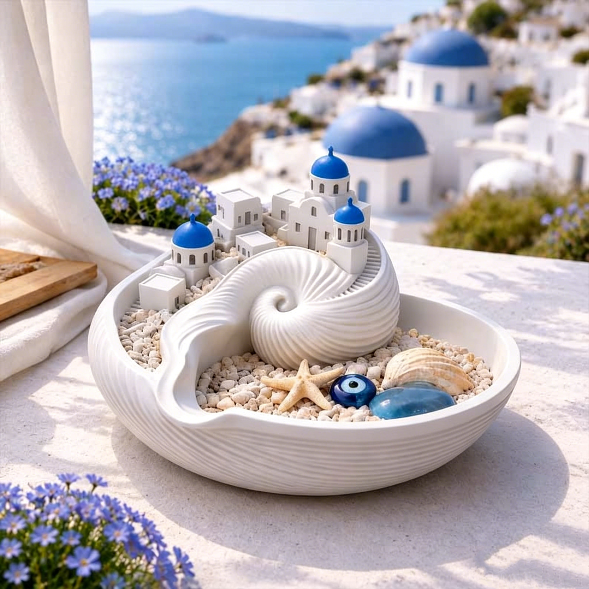 Santorini Key Bowl for Entryway Greek Island Miniature Landscape Trinket Jewelry Dish Conch Shell Sculpture Tabletop Decor Move-in Gift - soufeelau