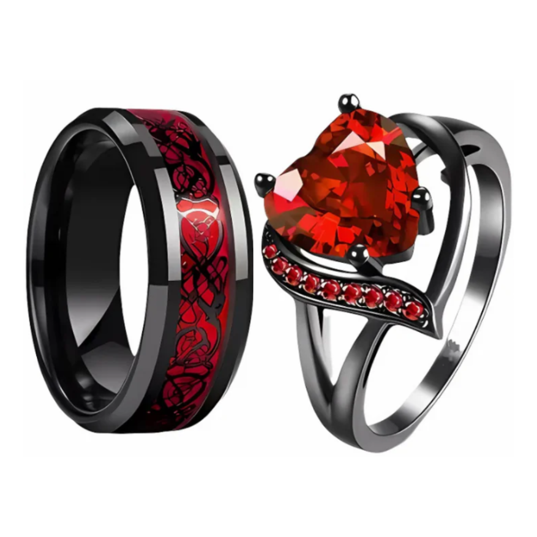 Couple Promise Rings Couple Rings Set Men’s Celtic Dragon Stainless Steel Ring & Women’s Red Heart Zircon Ring Romantic Gift for Valentine’s Day Anniversary - soufeelau