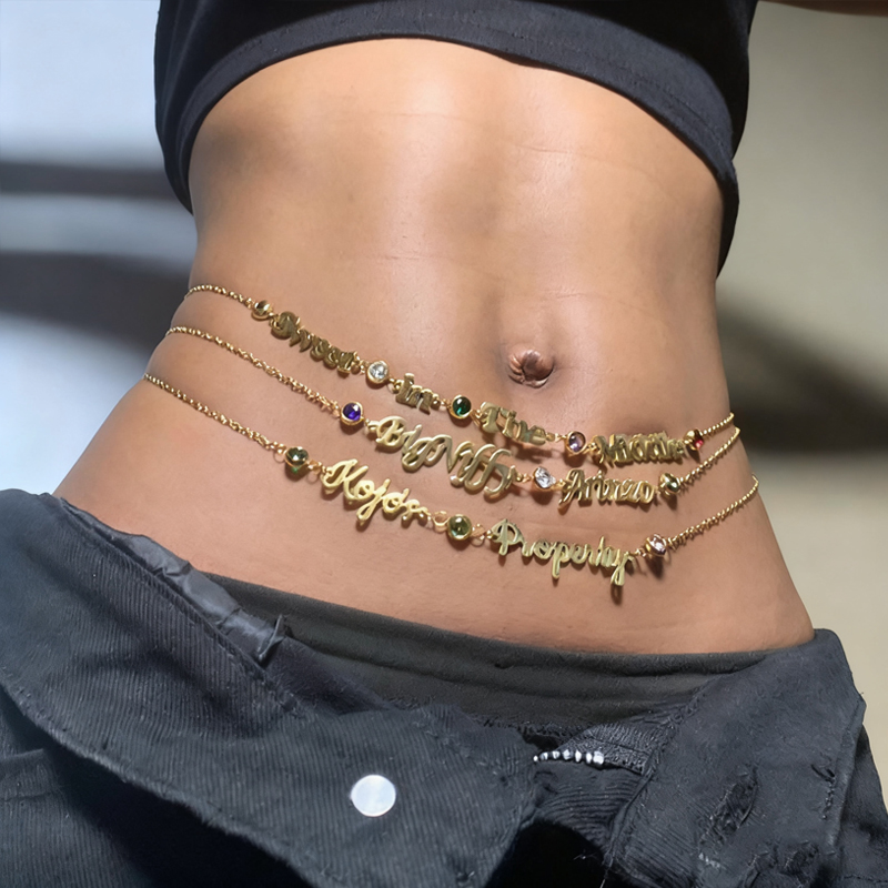 Personalized Stainless Steel Name Belly Chain, Custom Text Birthstone Fashion Waist Chain, Body Jewelry, Sexy Valentine's Gift for Her - soufeelau