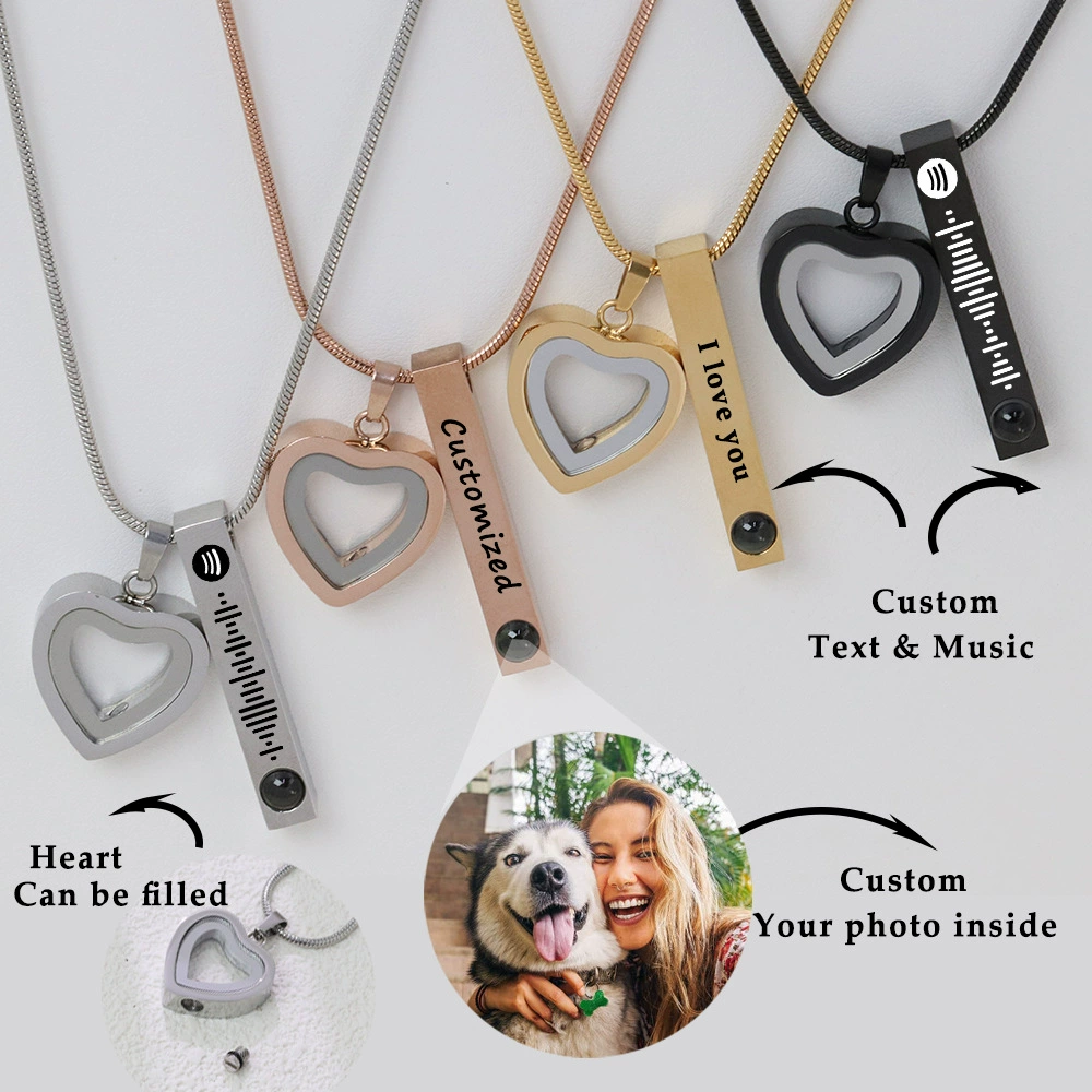 Pet Ashes Projection Necklace Spotify Code Necklace Glass Pendant Heart-Shaped Urn Necklace Custom Photo Stainless Steel Necklace For Pet Lover - soufeelau