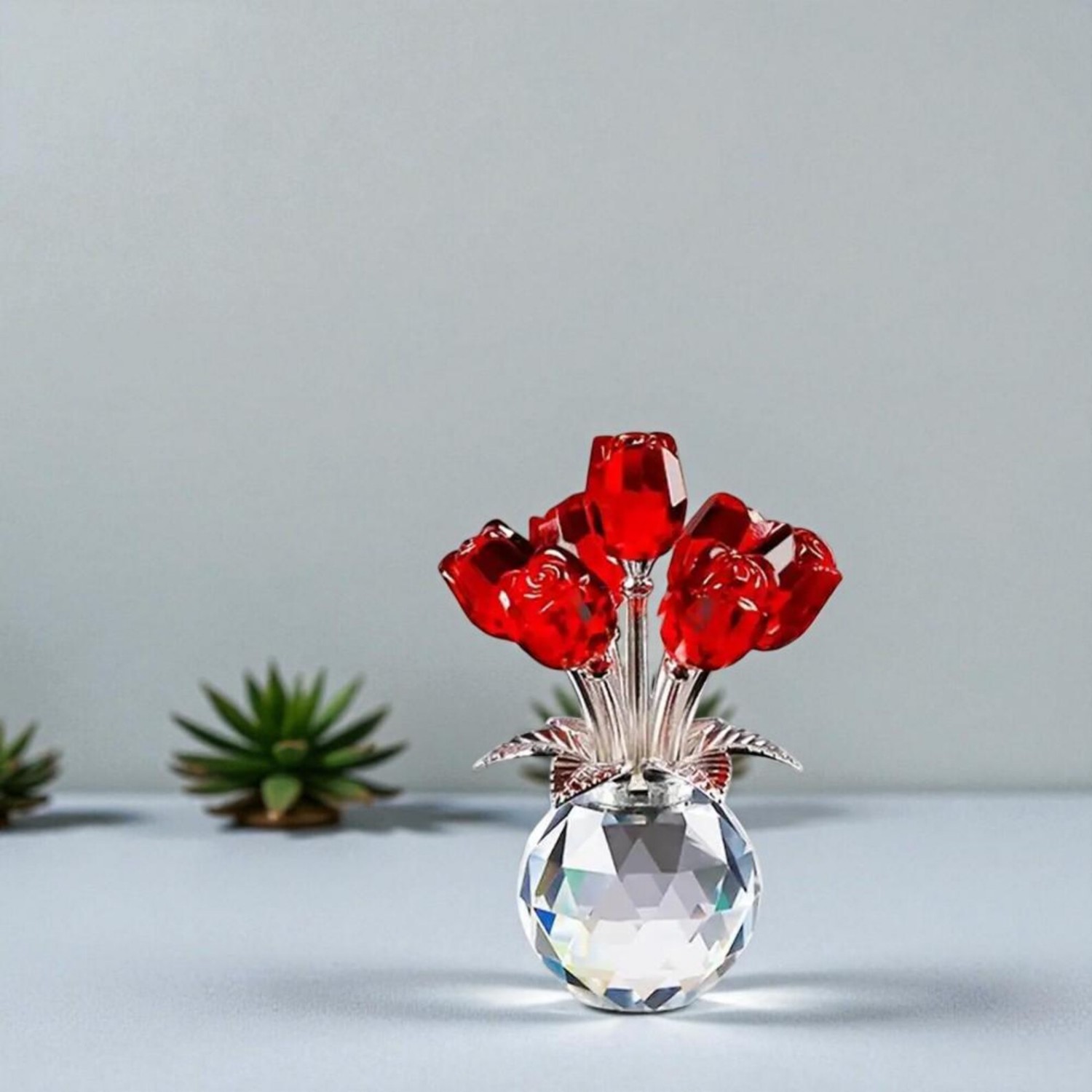 Crystal Glass Rose Bouquet Elegant Flower Ornament for Home Decor Gift for Mom and Girlfriend - soufeelau