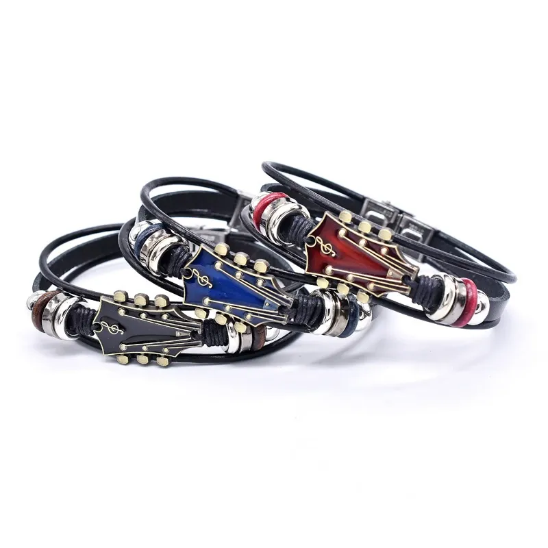 Vintage Leather Guitar Bracelet, Men's Bracelet, Retro Music-Inspired Wristband Accessory, Gift for Music Lover - soufeelau