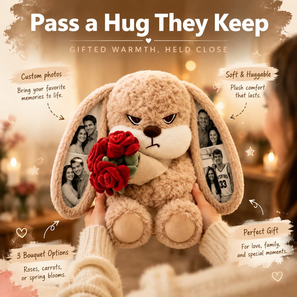 Personalized Grumpy Bunny Plush Toy with Custom Photo Ears, Cute Stuffed Rabbit Holding Roses, Gift for Her, Him, Couples & Loved Ones - soufeelau