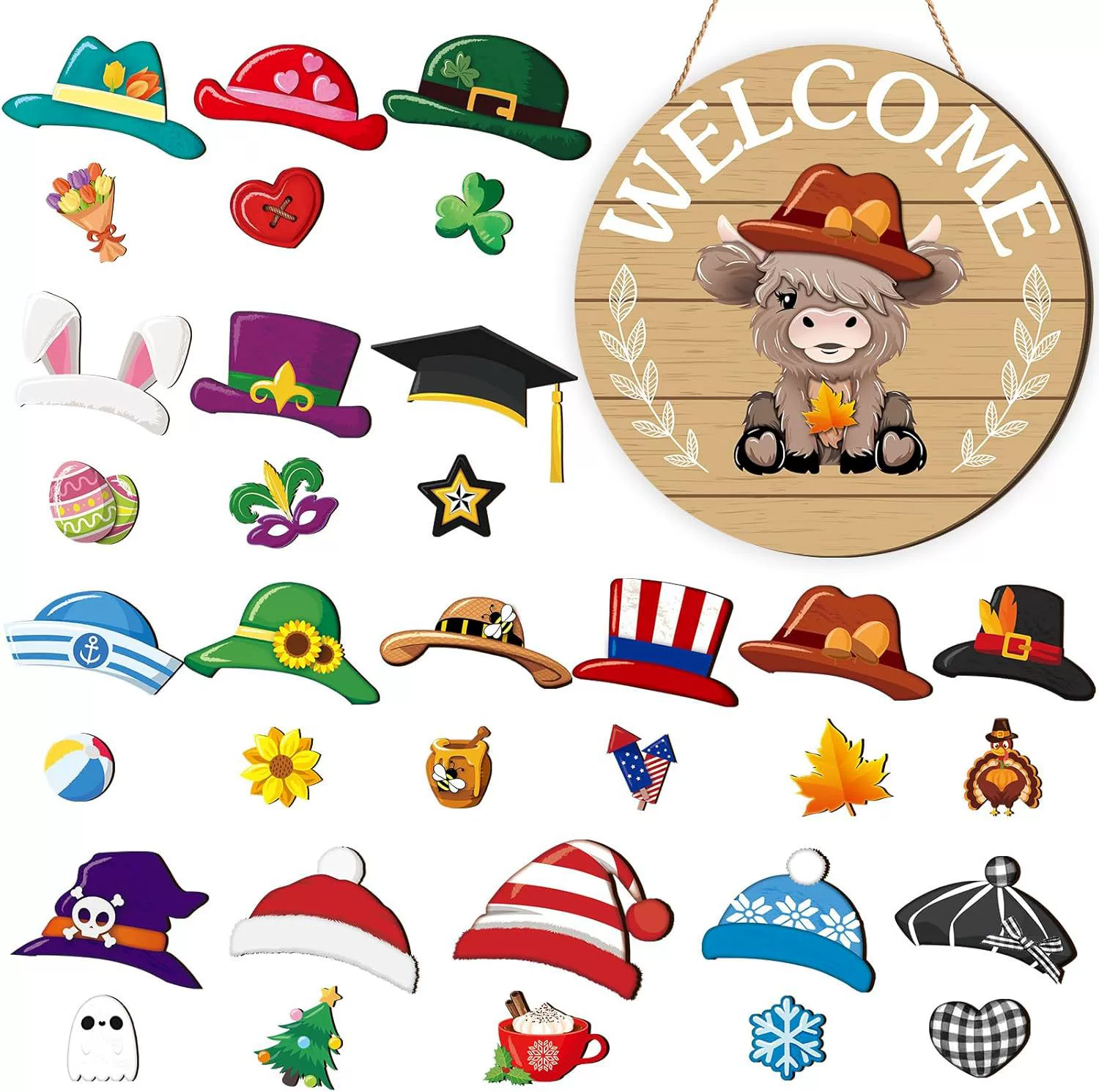 35pcs Highland Cow Sign Interchangeable Welcome Sign with Magnet Detachable Hats Accessories Cute Gnome Wooden Sign Hanging for Halloween Holiday Seasonal Decorations Birthday Party Home Wall Office Living Room Garden Farmhouse Porch - soufeelau