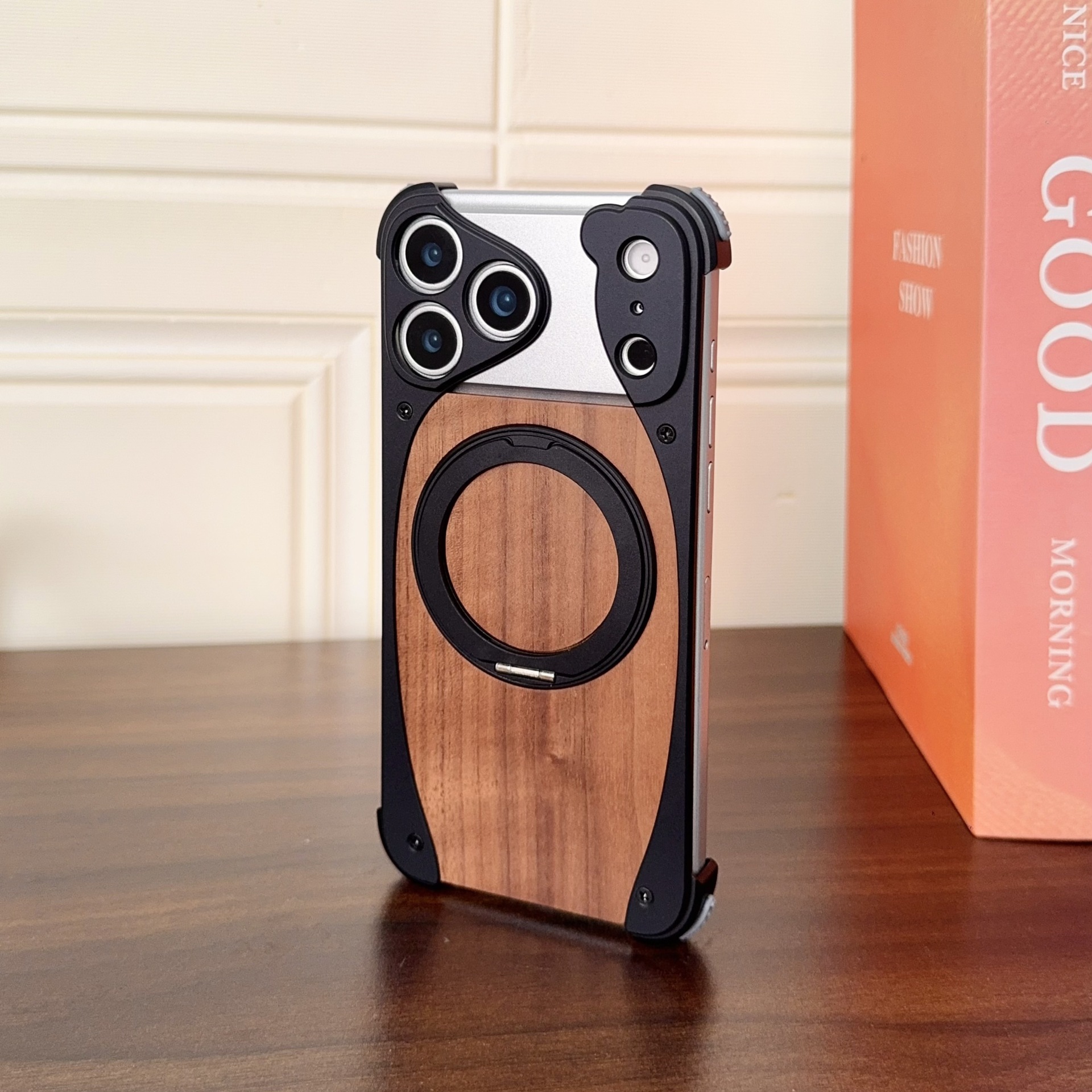 Walnut Wood Phone Case Metal Bumper Magnetic Wireless Charging Compatible 360 Rotatable Ring Kickstand Shockproof Heavy Duty Cover Gift for Men - soufeelau