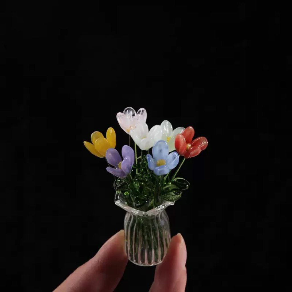 Handmade Mini Glass Flower Bouquet Desk Decor Faux Crystal Blossom Arrangement Eternal Glass Flower Ornament Gift for Family for Friends - soufeelau