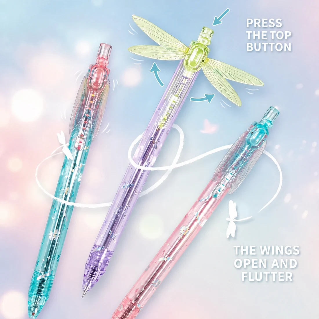 Gleaming Wings Dragonfly Pen Retractable Gel Pen Pop-Up Wings Kawaii Stationery Cute Fine Point Writing Pen Back to School Gift for Girls Students - soufeelau