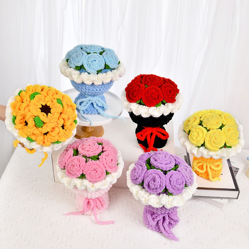 Handmade Ice Chenille Yarn Rose Bouquet Give Her Eternal Blooms Gift for Mother's Day - soufeelau