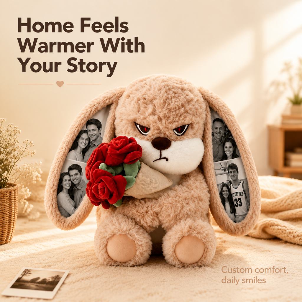 Personalized Grumpy Bunny Plush Toy with Custom Photo Ears, Cute Stuffed Rabbit Holding Roses, Gift for Her, Him, Couples & Loved Ones - soufeelau