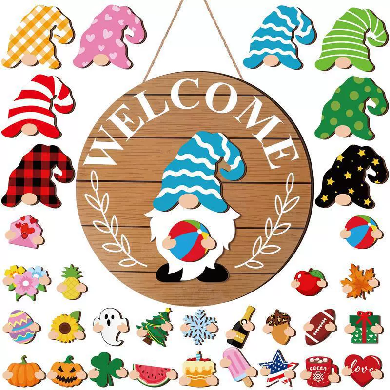 35pcs Highland Cow Sign Interchangeable Welcome Sign with Magnet Detachable Hats Accessories Cute Gnome Wooden Sign Hanging for Halloween Holiday Seasonal Decorations Birthday Party Home Wall Office Living Room Garden Farmhouse Porch - soufeelau
