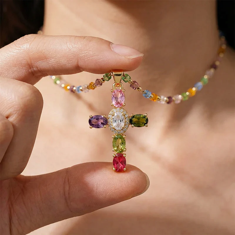 Colorful Cross Pendant Necklace Fashion Jewelry Gift for Her - soufeelau