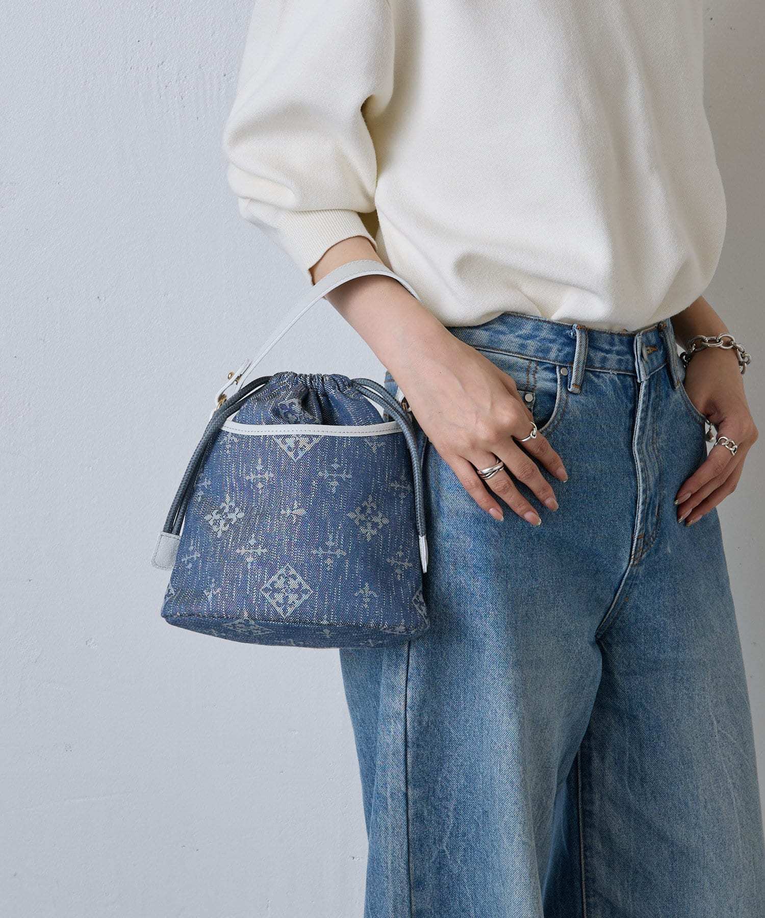 *4-6 WEEKS* (1221) LIMITED EDITION Russet [Denim jacquard] 2way drawstring mini shoulder bag Indigo