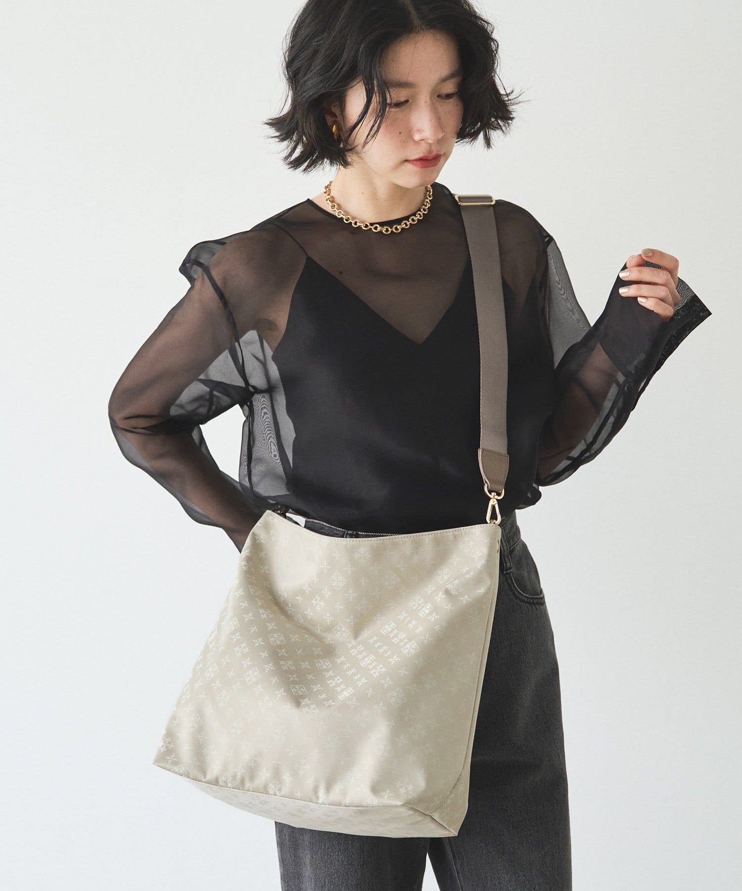 *4 - 6 Weeks* (91017)Russet Monogram Nylon Jacquard Vertical 2-Way Shoulder Bag