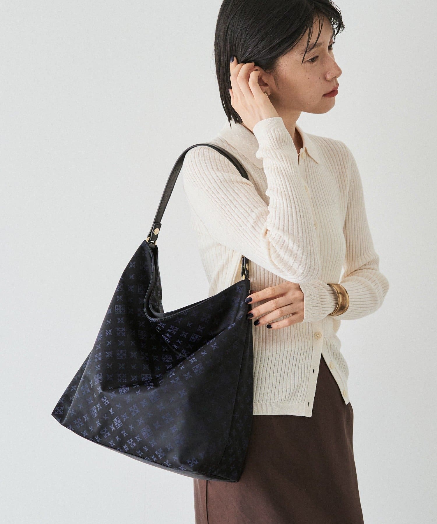 *4 - 6 Weeks* (91017)Russet Monogram Nylon Jacquard Vertical 2-Way Shoulder Bag