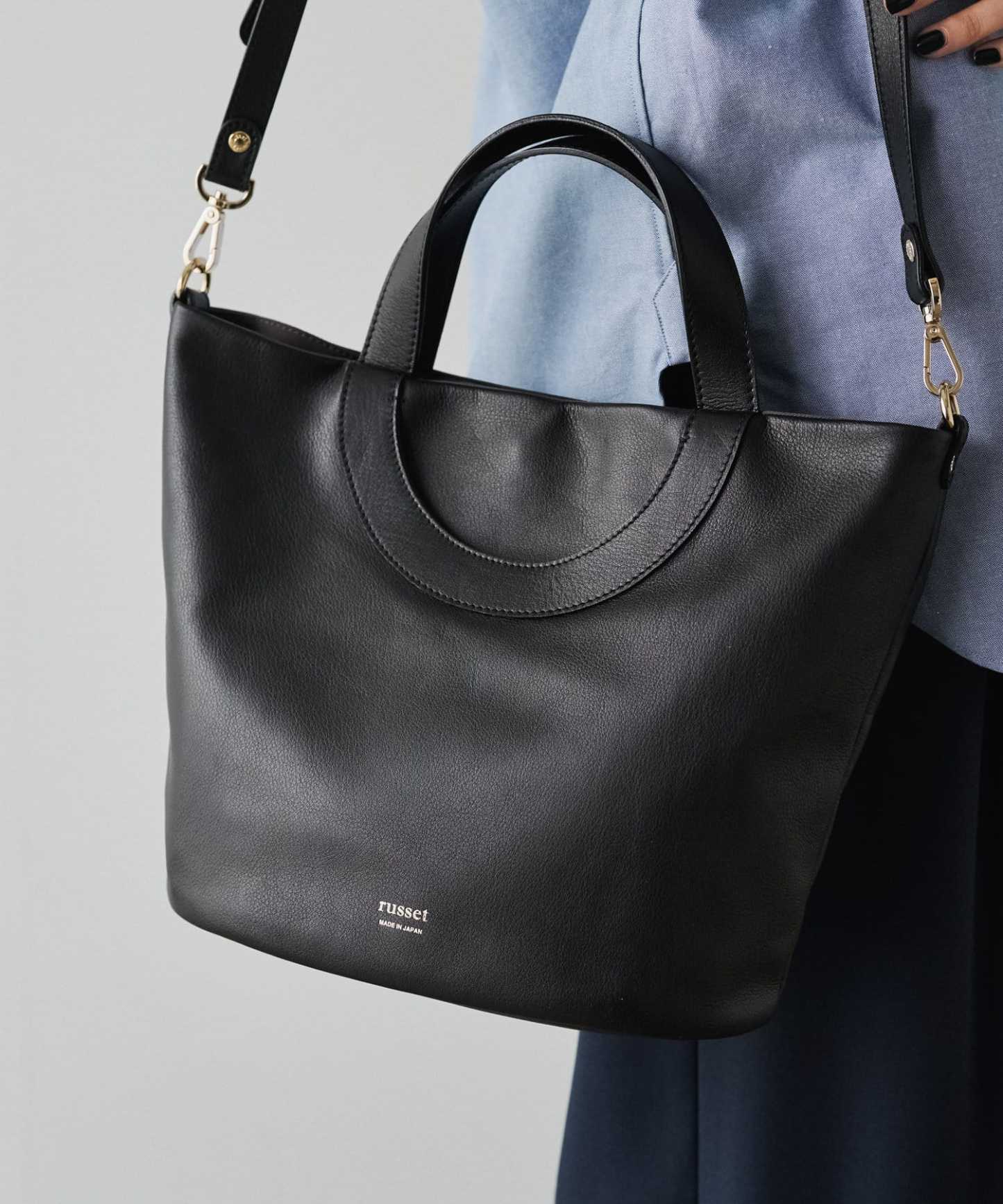 Russet Soft Leather 2-Way Tote Bag (Round Handle) Black