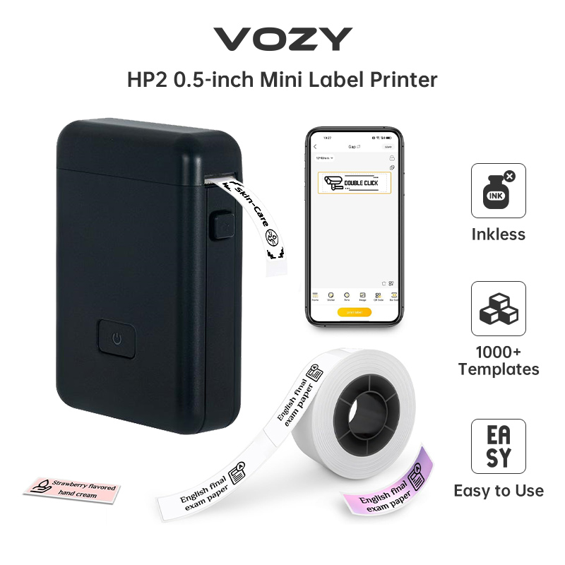 VOZY HP2 Portable Label Printer White Black Pink Green 12-15mm Width Cable Maker Tape Thermal Sticker