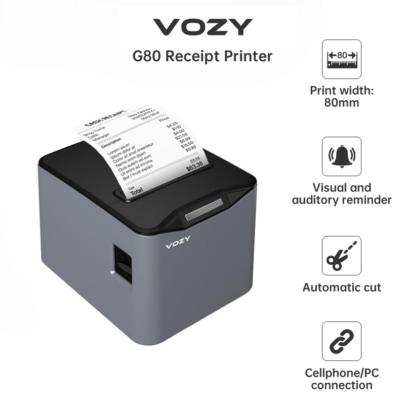 VOZY G80 80mm Receipt Printer Bluetooth + USB Thermal POS Printer Auto Cutting