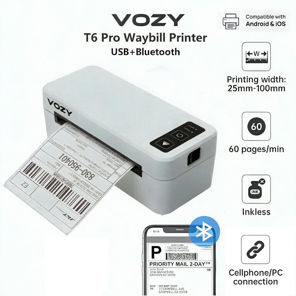 VOZY T7 Waybill Printer with Holder A6 Bluetooth USB Heavy Duty Thermal Courier Label Printer Shipping Barcode