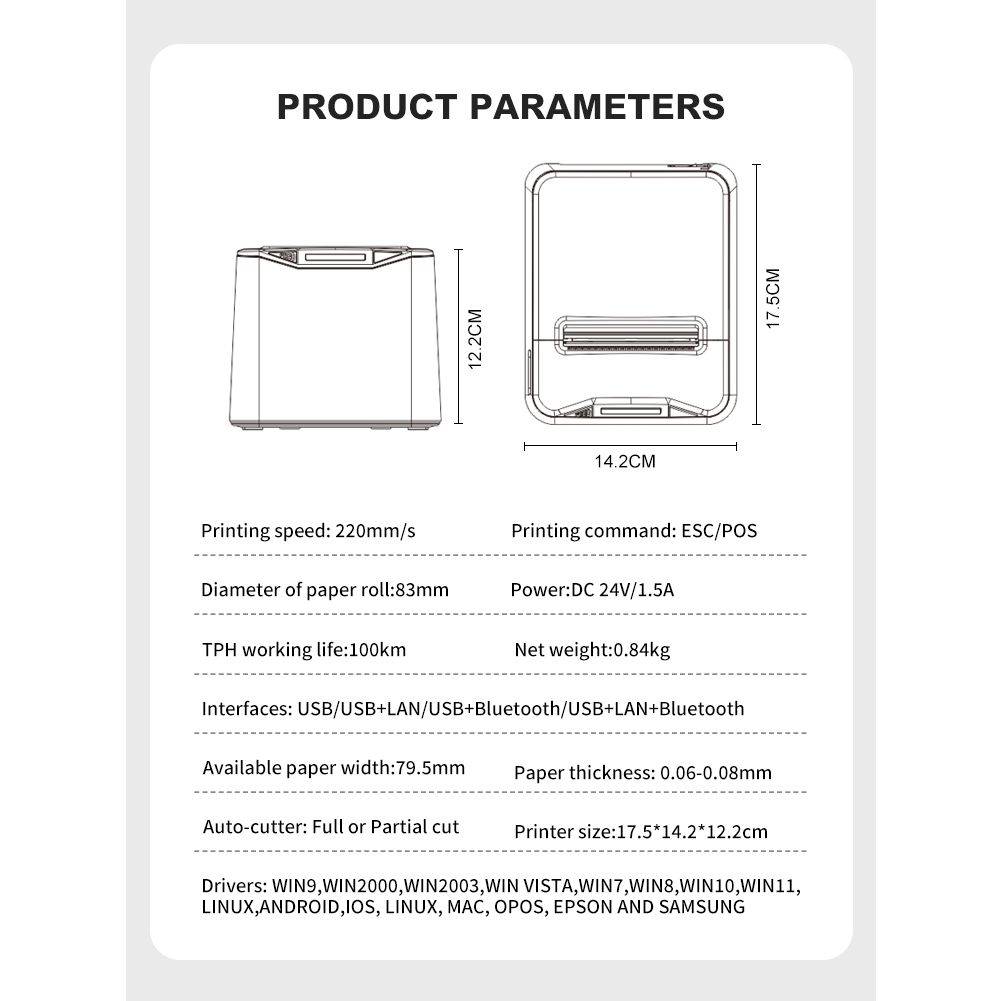 VOZY G80 80mm Receipt Printer Bluetooth + USB Thermal POS Printer Auto Cutting