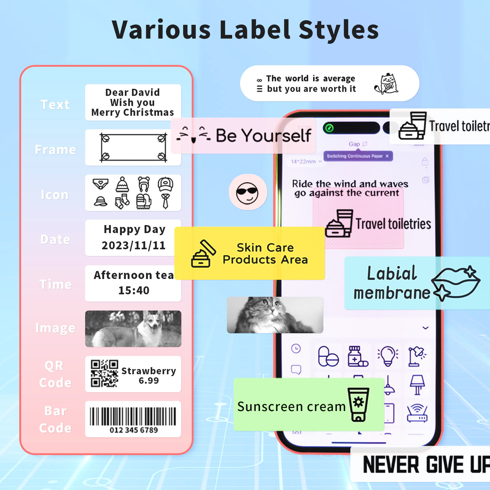 VOZY HP2 Portable Label Printer White Black Pink Green 12-15mm Width Cable Maker Tape Thermal Sticker