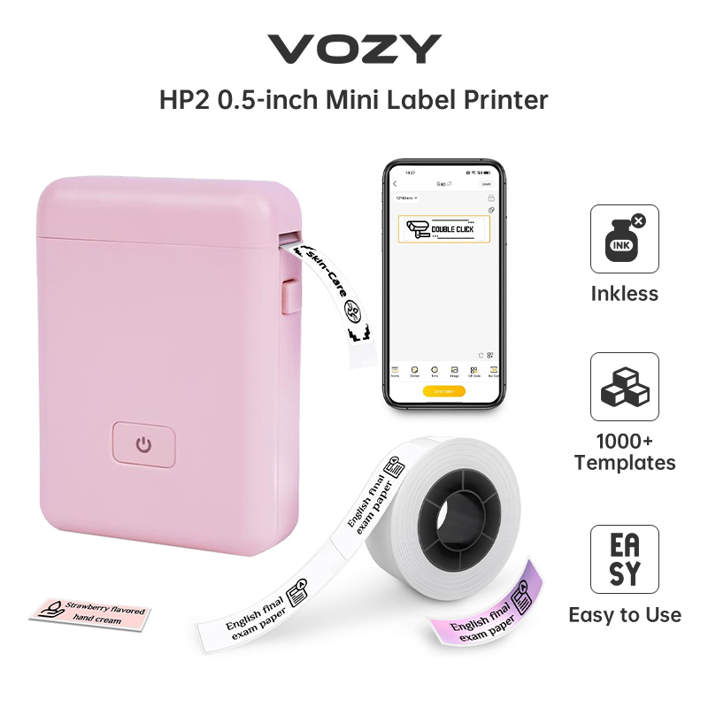 VOZY HP2 Portable Label Printer White Black Pink Green 12-15mm Width Cable Maker Tape Thermal Sticker