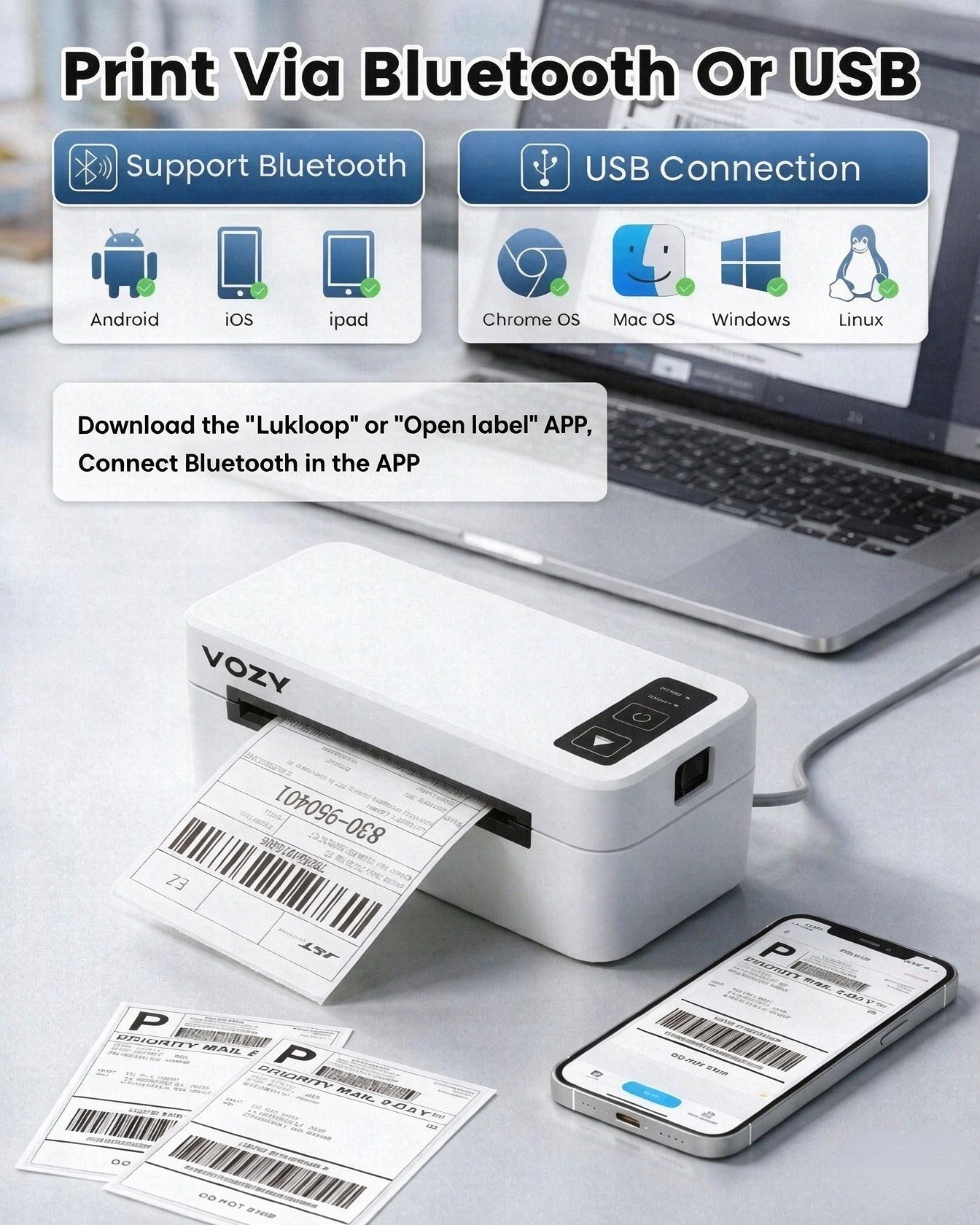 VOZY T7 Waybill Printer with Holder A6 Bluetooth USB Heavy Duty Thermal Courier Label Printer Shipping Barcode