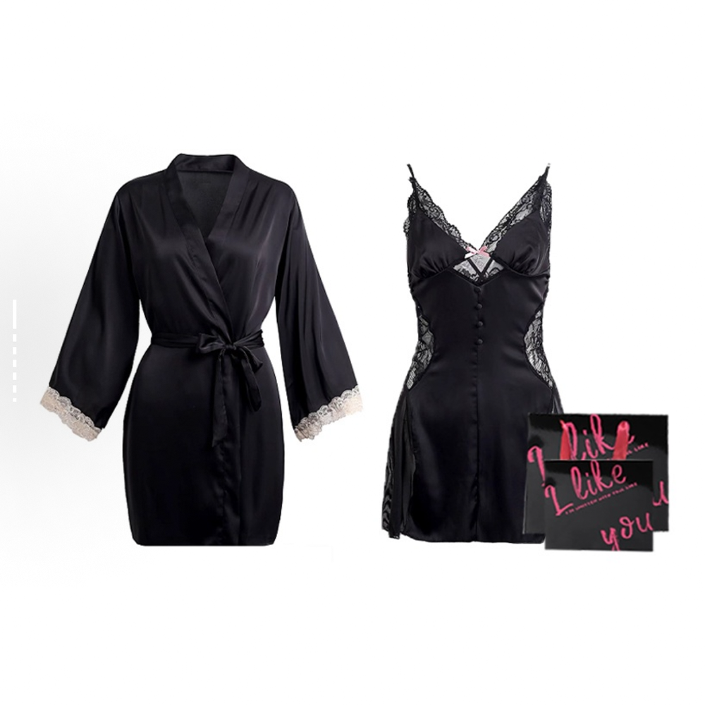 法式性感睡衣女春秋款蕾丝带胸垫吊带睡裙睡袍家居服冰丝套装