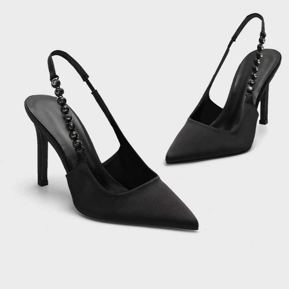 2025新款時尚鏈條尖頭高跟涼鞋女黑色水鑽細跟銀色配裙子單鞋