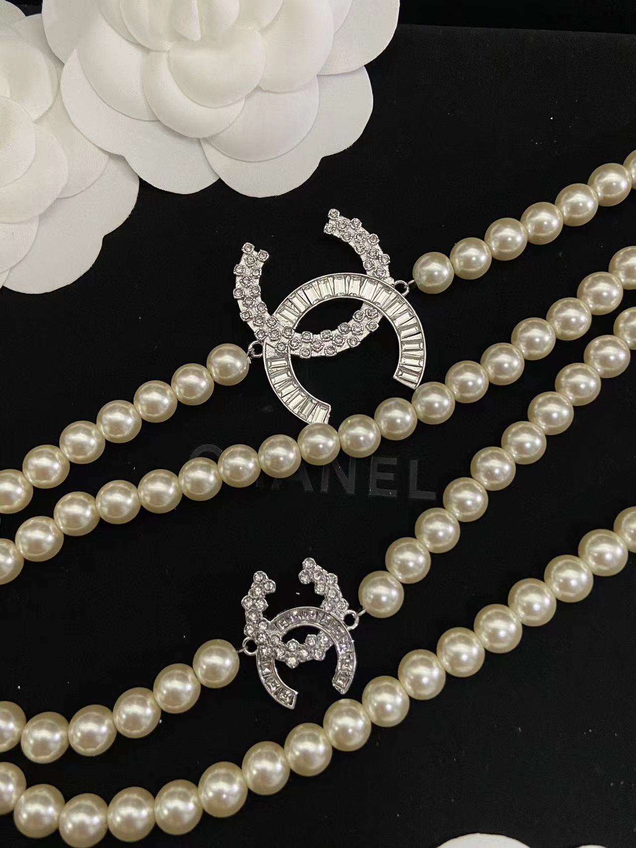 CHANE1 ダブル C スクエア ダイヤモンド パール セーター ネックレス【50％割引+送料無料】