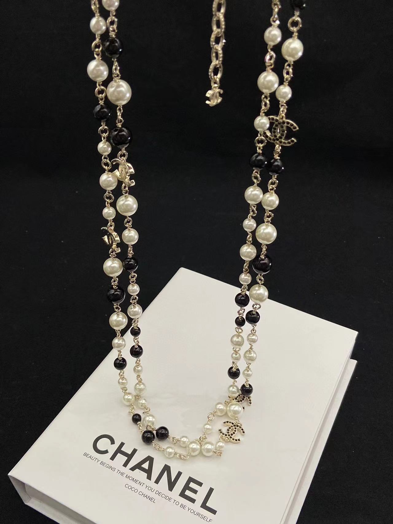 CHANE1 ダブル C 白黒パール セーター チェーン【50%割引+送料無料】