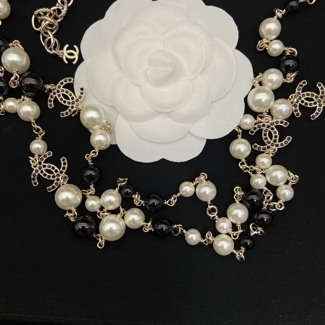 CHANE1 ダブル C 白黒パール セーター チェーン【50%割引+送料無料】