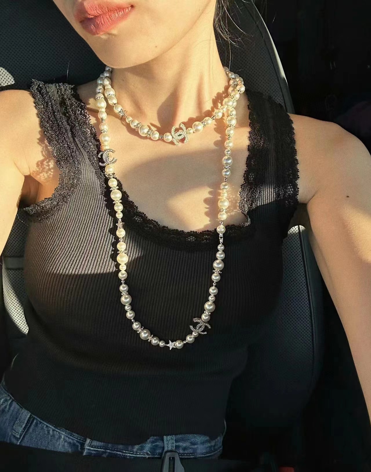 CHANE1 23A フルダイヤモンドスター ダブルCパールセーターチェーン【50％割引+送料無料】