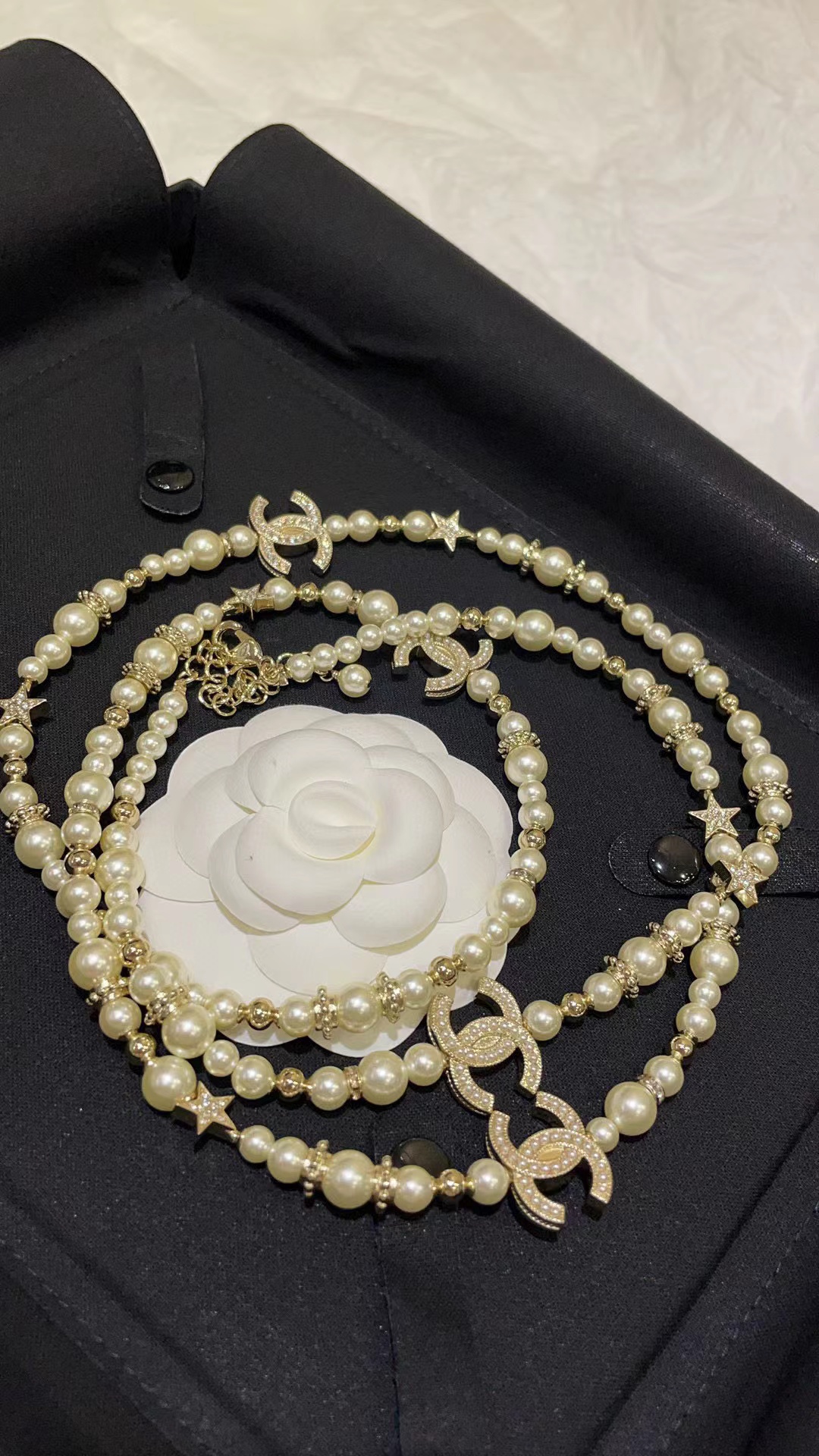 CHANE1 23A フルダイヤモンドスター ダブルCパールセーターチェーン【50％割引+送料無料】