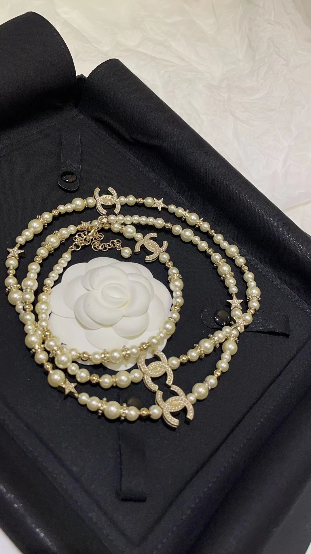 CHANE1 23A フルダイヤモンドスター ダブルCパールセーターチェーン【50％割引+送料無料】