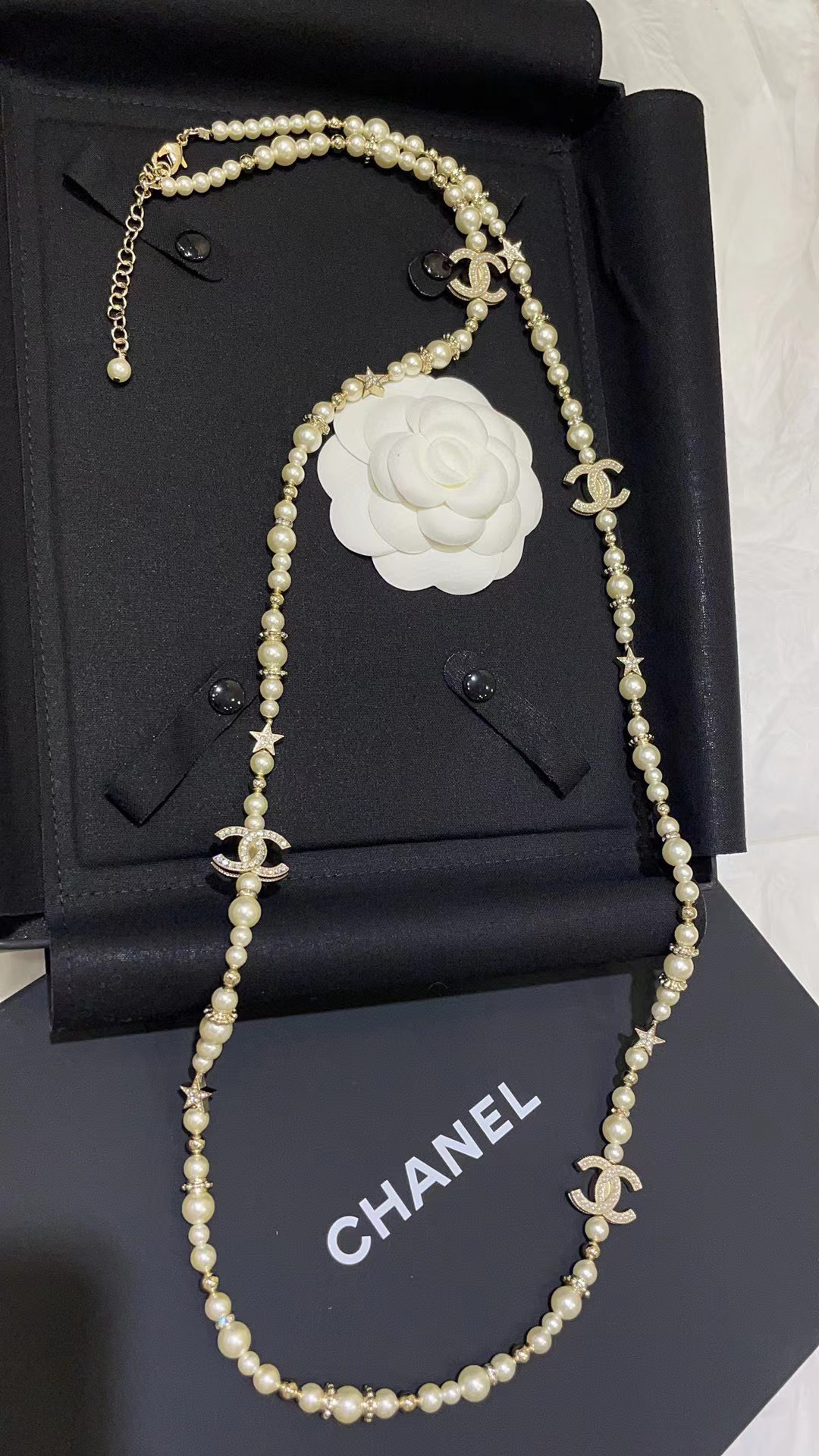 CHANE1 23A フルダイヤモンドスター ダブルCパールセーターチェーン【50％割引+送料無料】