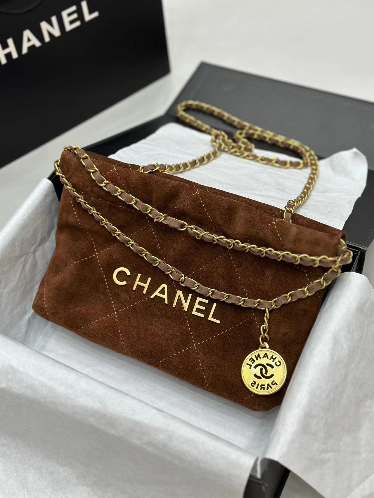 CHANE1 ヌバックレザー チェーン ショッピングバッグ【50％割引+送料無料】