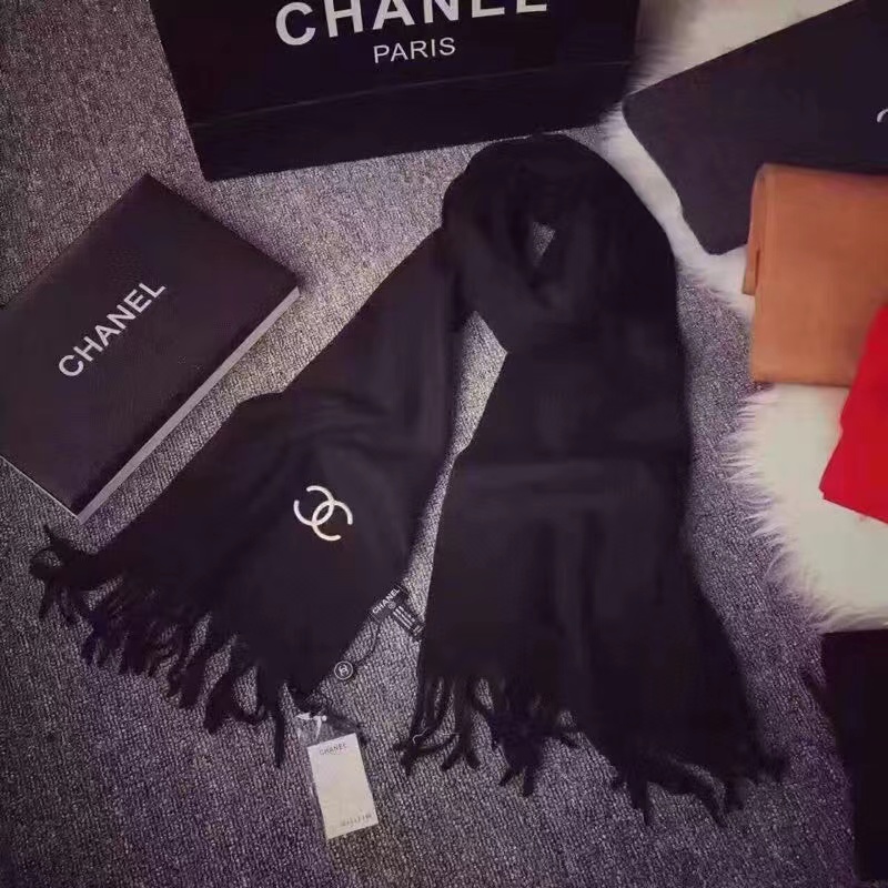 CHANE1 カシミヤ刺繍ロゴタッセルスカーフ【50%割引+送料無料】