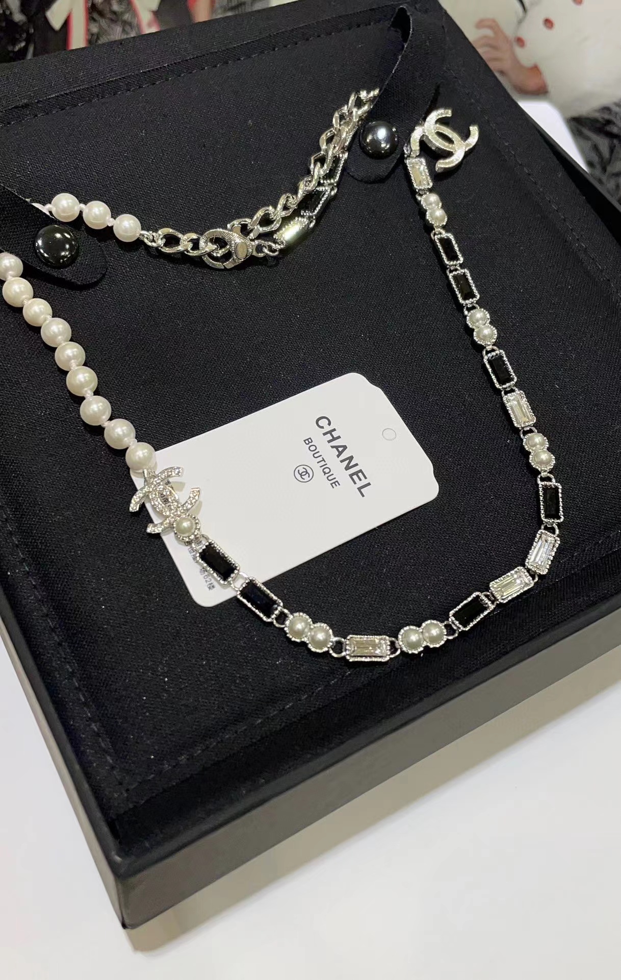 CHANE1 スクエア ダイヤモンド パール イヤリング + ネックレス 2点セット【50％割引+送料無料】