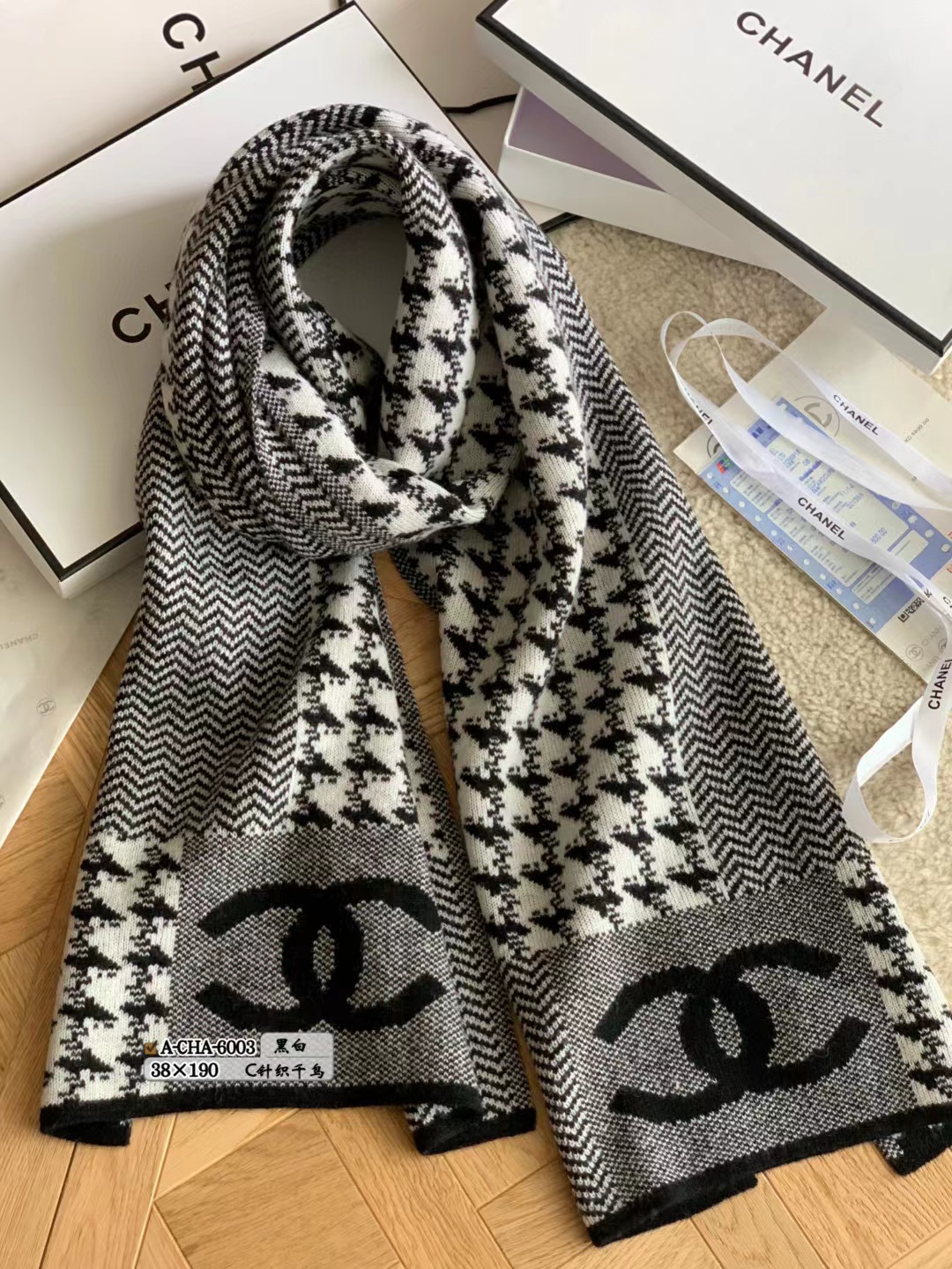 CHANE1 千鳥格子 ダブルC ウールスカーフ【50％割引+送料無料】