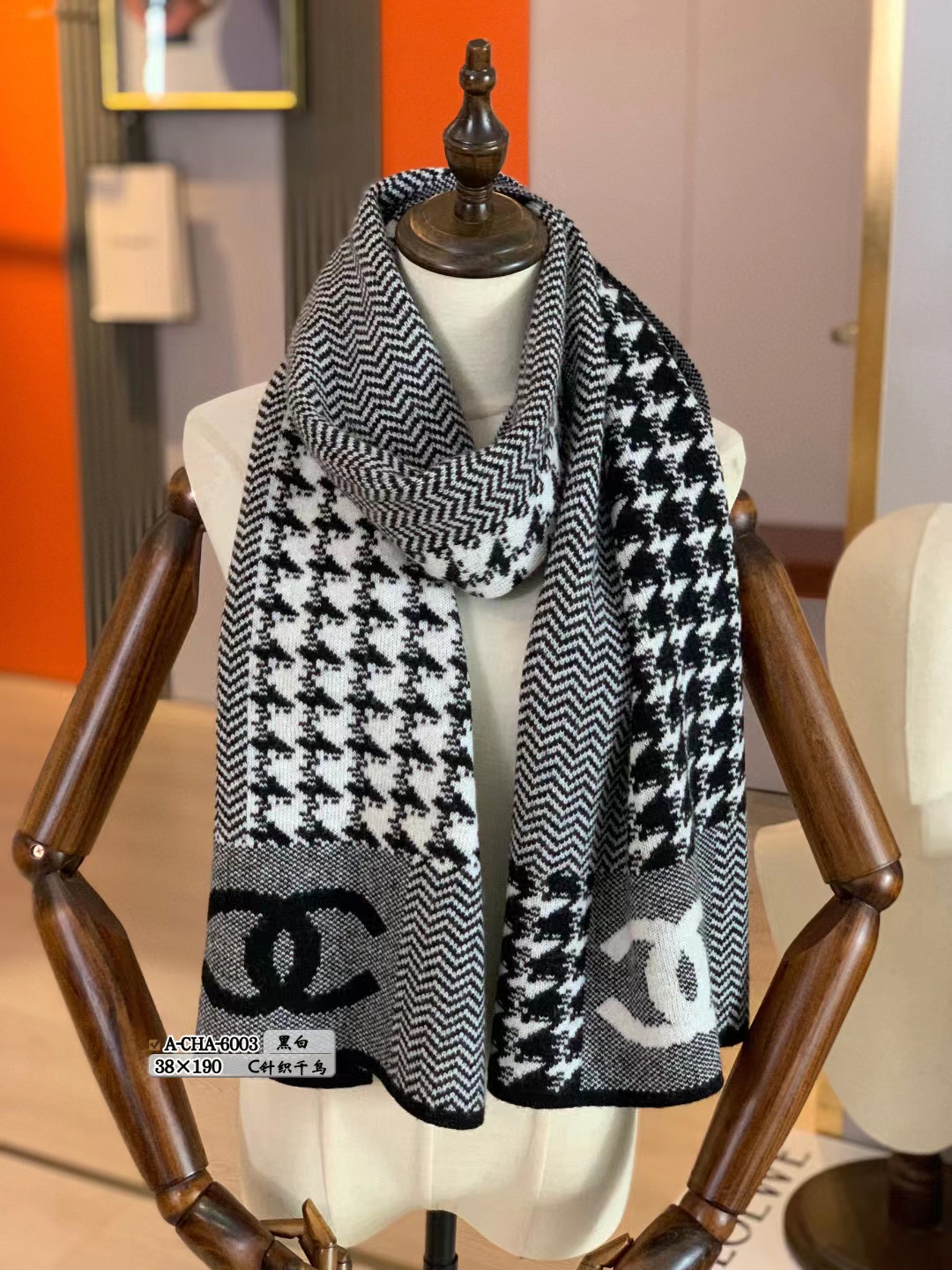 CHANE1 千鳥格子 ダブルC ウールスカーフ【50％割引+送料無料】