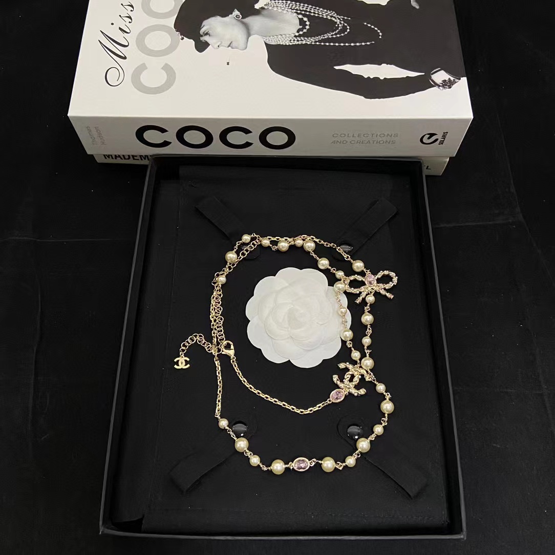 CHANE1 ピンク ダイヤモンド ボウ パール ネックレス【50％割引+送料無料】