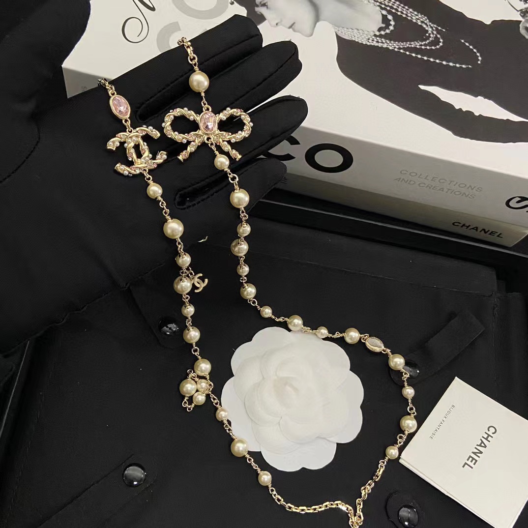 CHANE1 ピンク ダイヤモンド ボウ パール ネックレス【50％割引+送料無料】