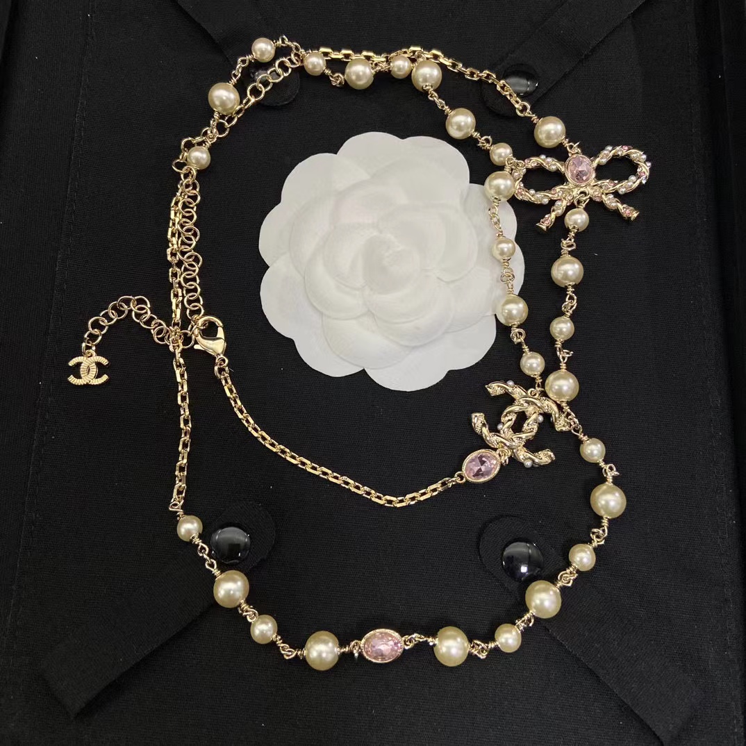 CHANE1 ピンク ダイヤモンド ボウ パール ネックレス【50％割引+送料無料】